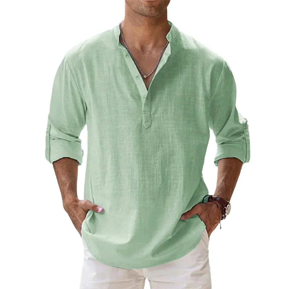 Cotton Linen Hot Sale Men's Short-Sleeved Shirts Summer Solid Color Henley Collar Casual Beach Style Hawaiian Vacation