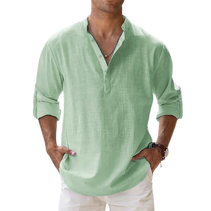 Cotton Linen Hot Sale Men's Short-Sleeved Shirts Summer Solid Color Henley Collar Casual Beach Style Hawaiian Vacation