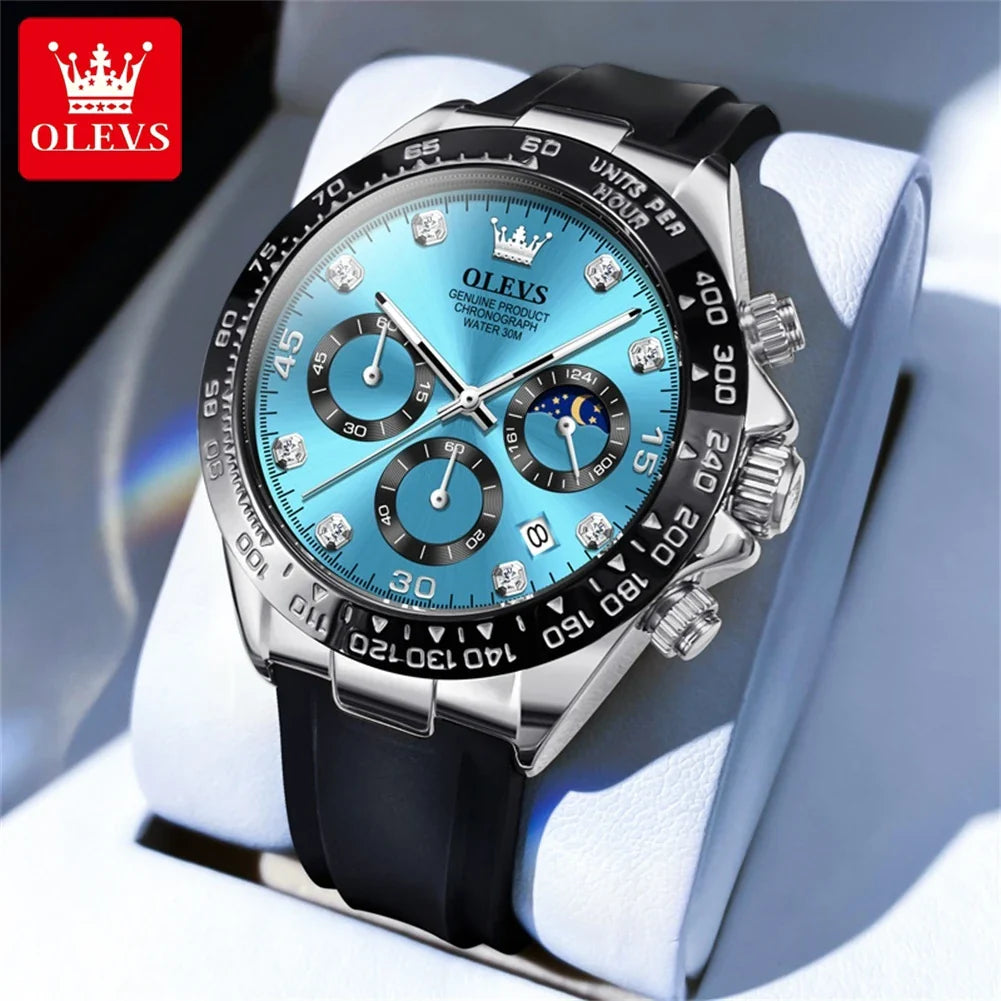 OLEVS Brand Watches for Men Chronograph Analog Quartz Watch Moon Phase Silicone Diamond Waterproof Luminous Quartz Wrist Watches