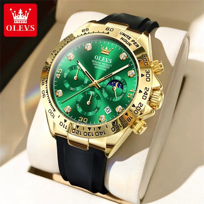 OLEVS Brand Watches for Men Chronograph Analog Quartz Watch Moon Phase Silicone Diamond Waterproof Luminous Quartz Wrist Watches