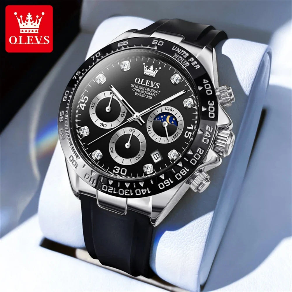 OLEVS Brand Watches for Men Chronograph Analog Quartz Watch Moon Phase Silicone Diamond Waterproof Luminous Quartz Wrist Watches