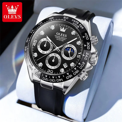 OLEVS Brand Watches for Men Chronograph Analog Quartz Watch Moon Phase Silicone Diamond Waterproof Luminous Quartz Wrist Watches