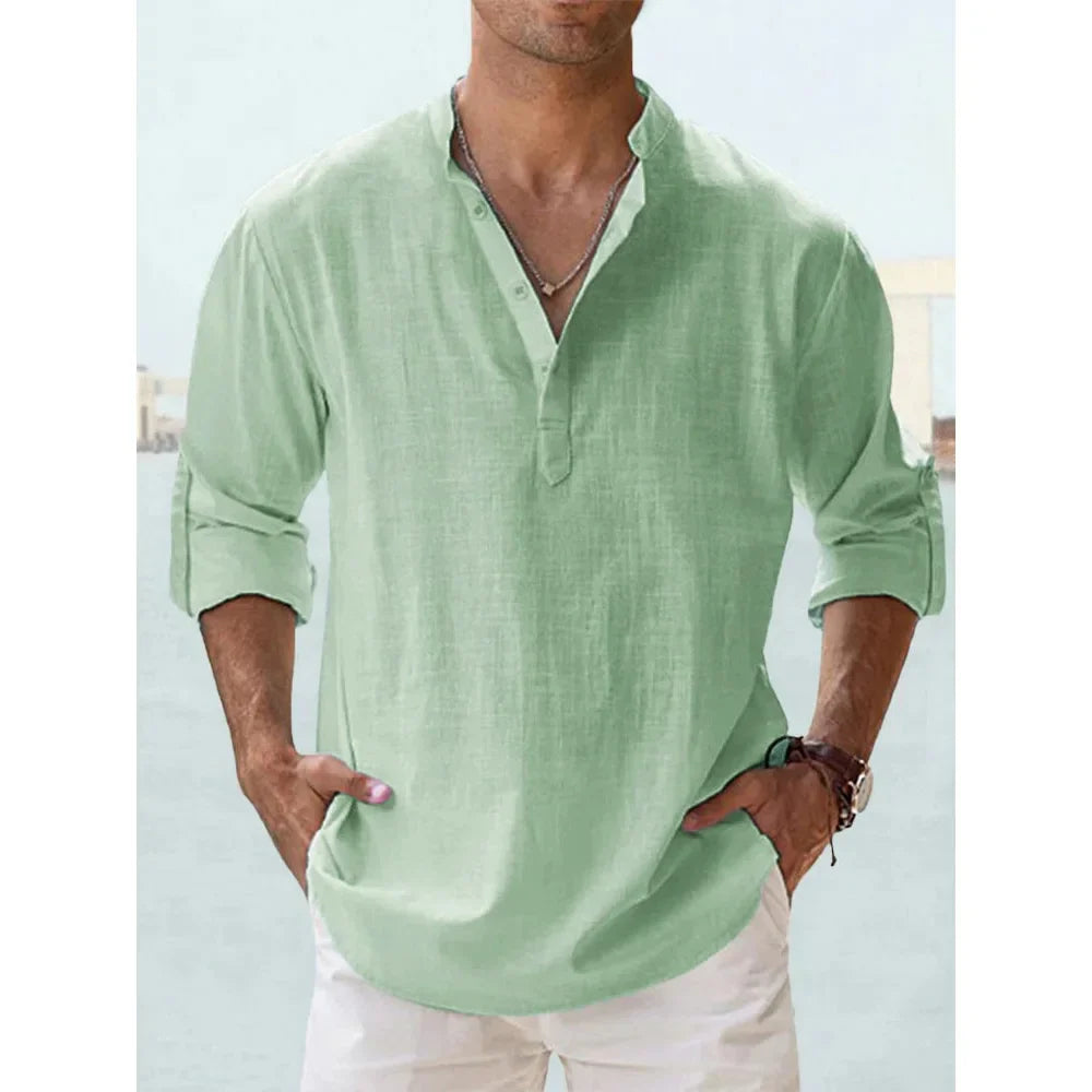 Cotton Linen Hot Sale Men's Short-Sleeved Shirts Summer Solid Color Henley Collar Casual Beach Style Hawaiian Vacation