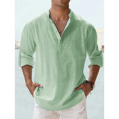 Cotton Linen Hot Sale Men's Short-Sleeved Shirts Summer Solid Color Henley Collar Casual Beach Style Hawaiian Vacation