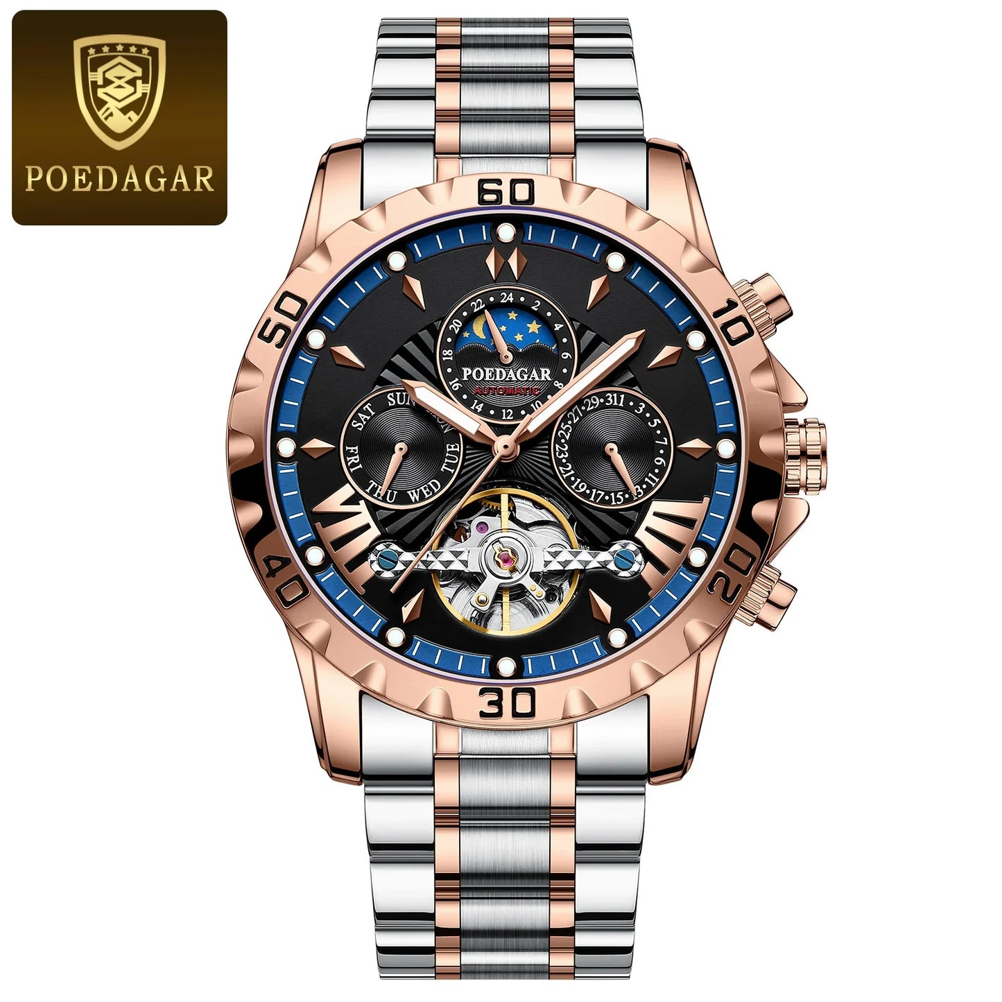 POEDAGAR Luxury Automatic Mechanical Wristwatch Tourbillon Waterproof Luminous Men Watch Date Week Stainless Steel Men's Watches