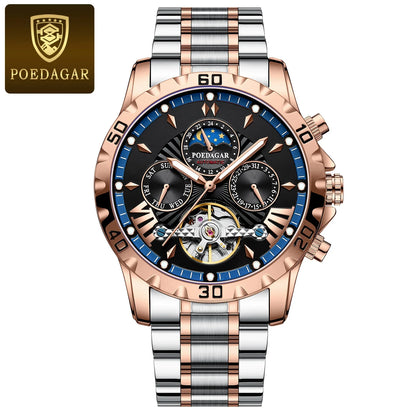 POEDAGAR Luxury Automatic Mechanical Wristwatch Tourbillon Waterproof Luminous Men Watch Date Week Stainless Steel Men's Watches