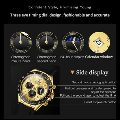 OLEVS Brand Watches for Men Chronograph Analog Quartz Watch Moon Phase Silicone Diamond Waterproof Luminous Quartz Wrist Watches
