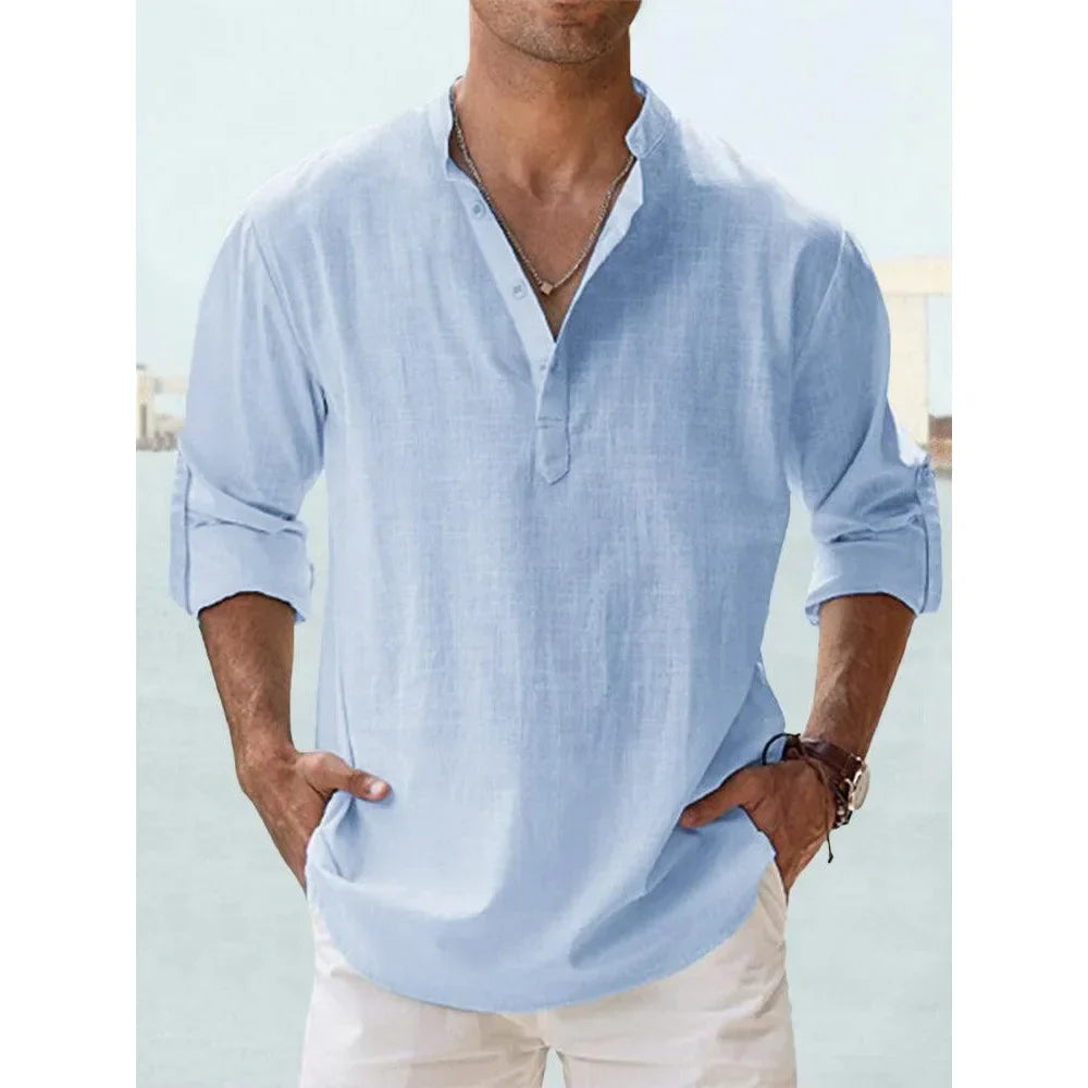 Cotton Linen Hot Sale Men's Short-Sleeved Shirts Summer Solid Color Henley Collar Casual Beach Style Hawaiian Vacation