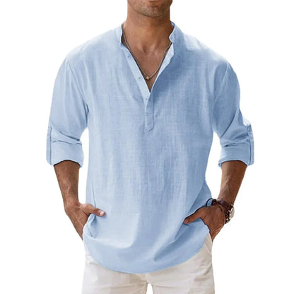 Cotton Linen Hot Sale Men's Short-Sleeved Shirts Summer Solid Color Henley Collar Casual Beach Style Hawaiian Vacation