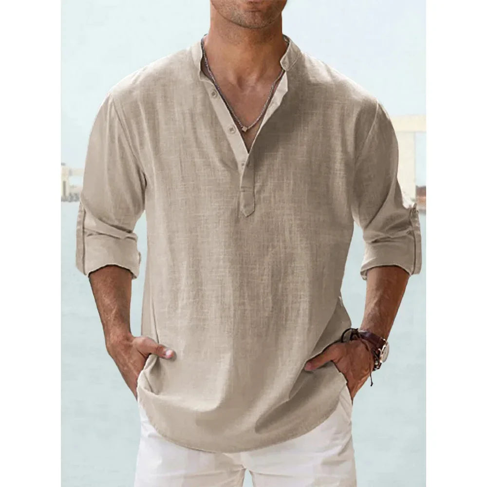 Cotton Linen Hot Sale Men's Short-Sleeved Shirts Summer Solid Color Henley Collar Casual Beach Style Hawaiian Vacation