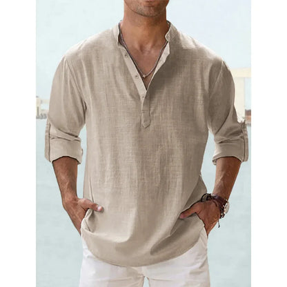Cotton Linen Hot Sale Men's Short-Sleeved Shirts Summer Solid Color Henley Collar Casual Beach Style Hawaiian Vacation