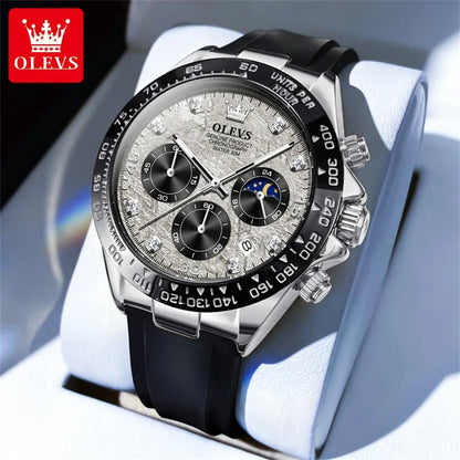 OLEVS Brand Watches for Men Chronograph Analog Quartz Watch Moon Phase Silicone Diamond Waterproof Luminous Quartz Wrist Watches