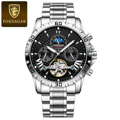 POEDAGAR Luxury Automatic Mechanical Wristwatch Tourbillon Waterproof Luminous Men Watch Date Week Stainless Steel Men's Watches