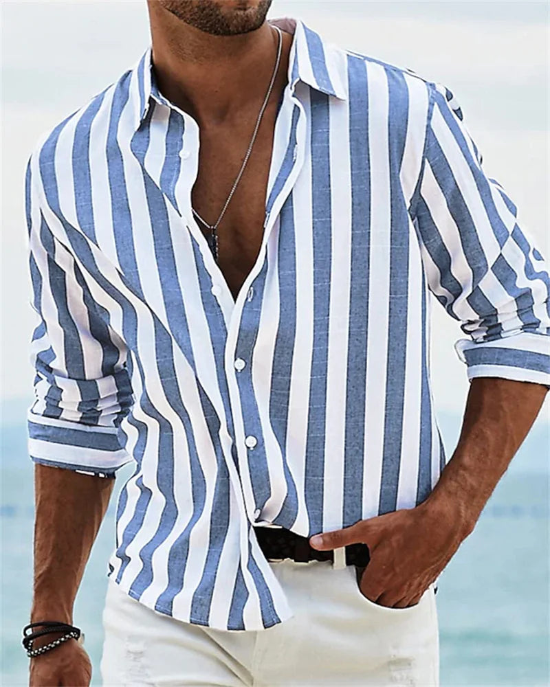 Men's Long Sleeve Blue Stripe Print Shirt Mens Social Luxury Men's Wear Hawaiian Elegant Classic Fashion High Quality Casual Tee