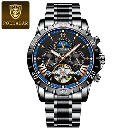POEDAGAR Luxury Automatic Mechanical Wristwatch Tourbillon Waterproof Luminous Men Watch Date Week Stainless Steel Men's Watches