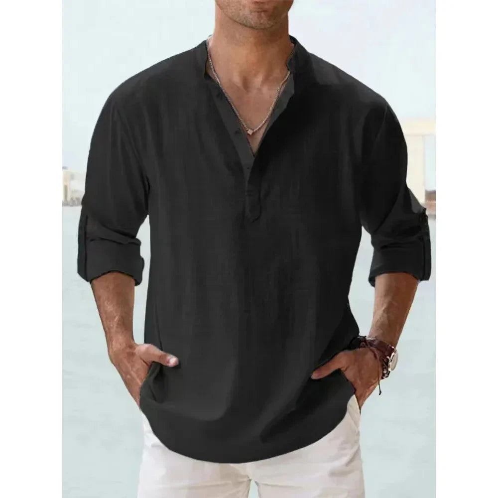 Cotton Linen Hot Sale Men's Short-Sleeved Shirts Summer Solid Color Henley Collar Casual Beach Style Hawaiian Vacation