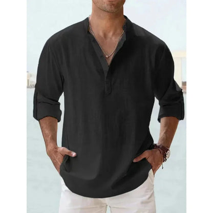 Cotton Linen Hot Sale Men's Short-Sleeved Shirts Summer Solid Color Henley Collar Casual Beach Style Hawaiian Vacation