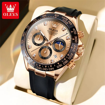 OLEVS Brand Watches for Men Chronograph Analog Quartz Watch Moon Phase Silicone Diamond Waterproof Luminous Quartz Wrist Watches