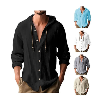Men's Cotton Shirts Long Sleeve Hooded Cardigan T-shirt Men's Blouse Summer Autumn Sweatshirts Hawaiian Beach Shirts