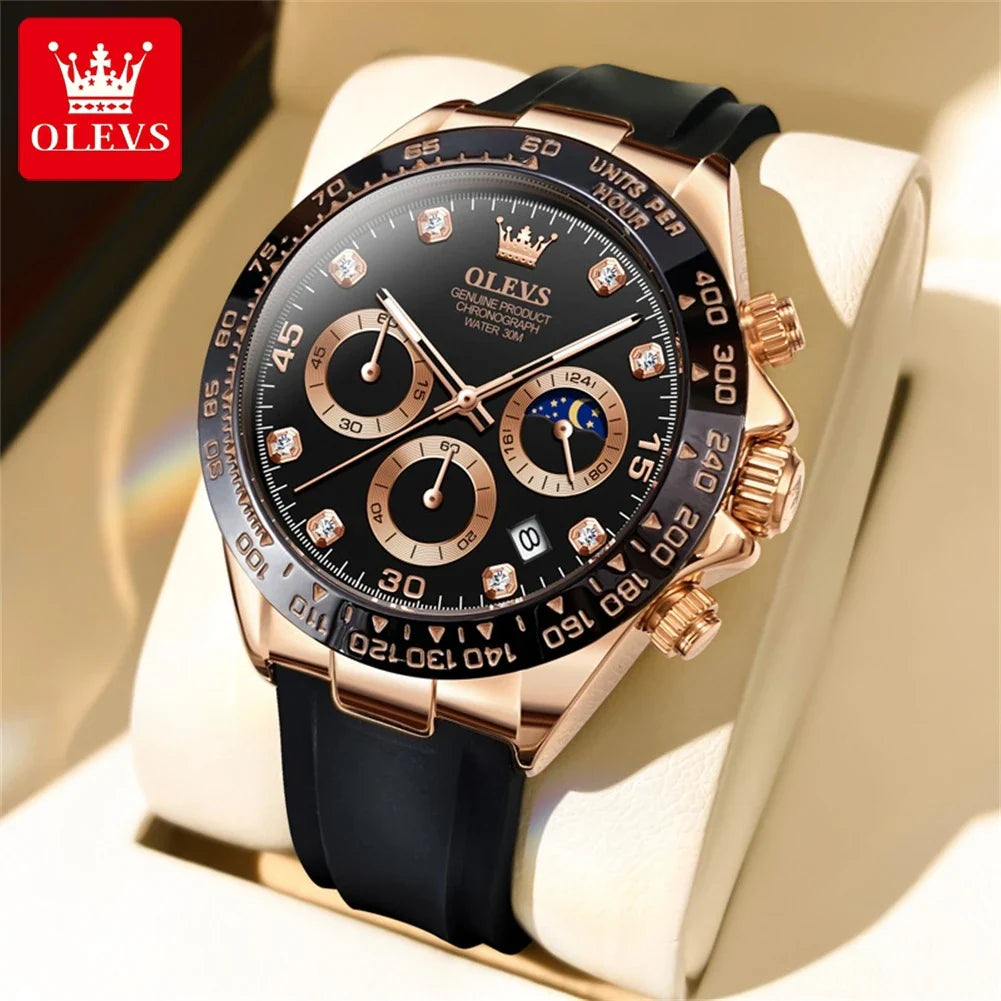 OLEVS Brand Watches for Men Chronograph Analog Quartz Watch Moon Phase Silicone Diamond Waterproof Luminous Quartz Wrist Watches