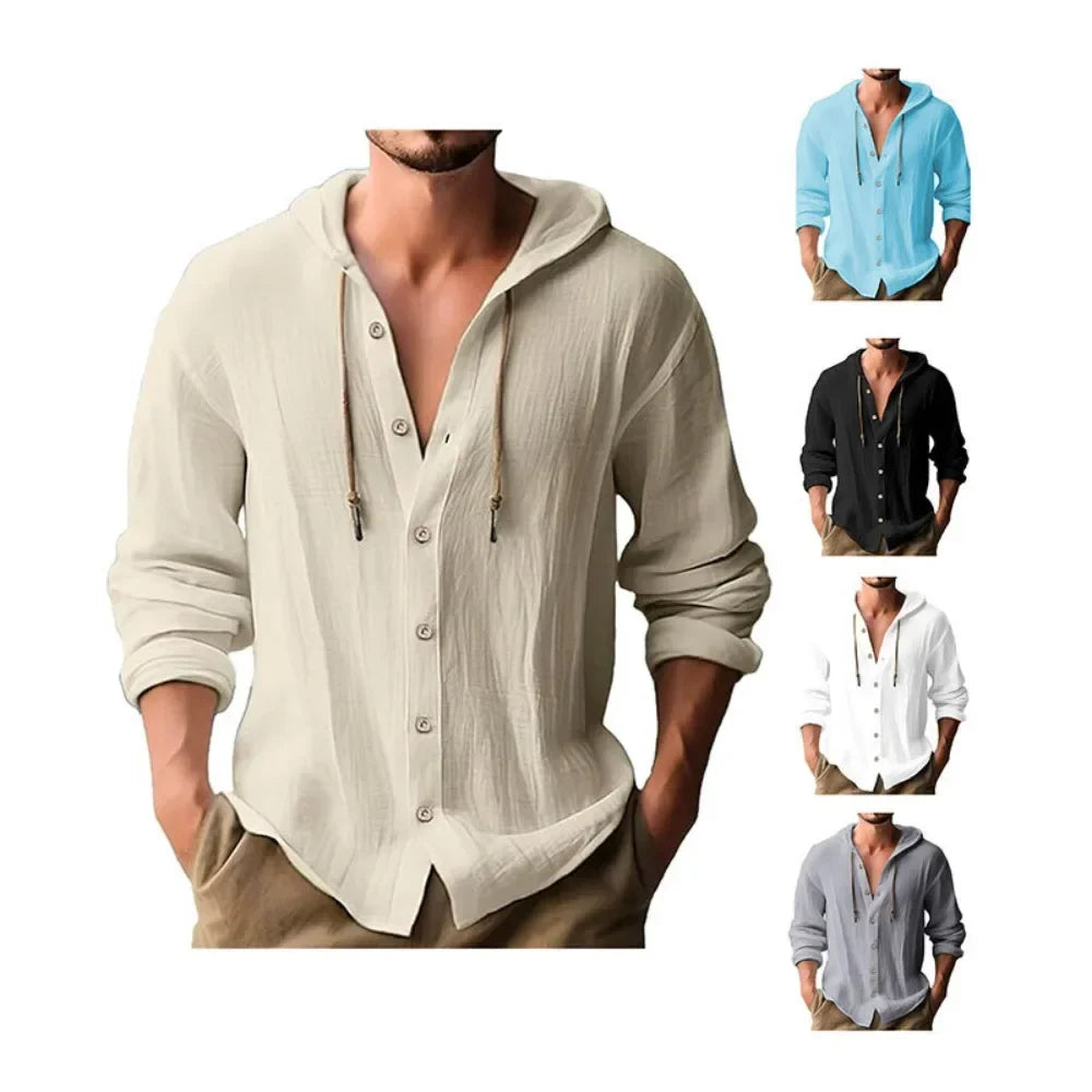 Men's Cotton Shirts Long Sleeve Hooded Cardigan T-shirt Men's Blouse Summer Autumn Sweatshirts Hawaiian Beach Shirts