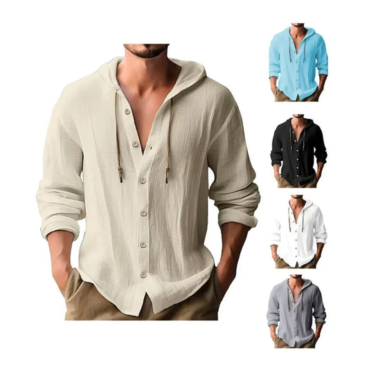 Men's Cotton Shirts Long Sleeve Hooded Cardigan T-shirt Men's Blouse Summer Autumn Sweatshirts Hawaiian Beach Shirts
