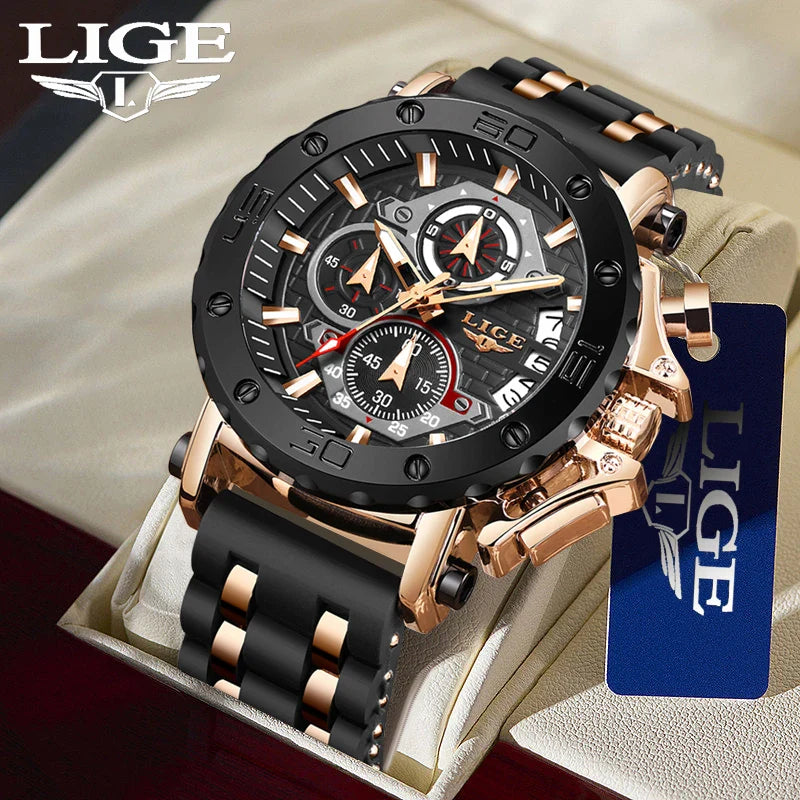 LIGE 2025 New Business Silicone Mens Watches Top Brand Luxury Quartz Watch For Men Waterproof Sport Big Dial Military Wristwatch