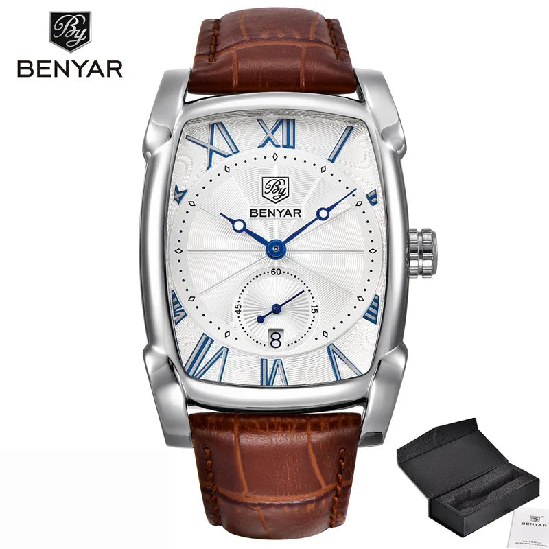 BENYAR Watches Men Luxury Brand Quartz Mens Wist Watches Military Leather Strap Casual Square Watch Waterproof Reloj De Hombre