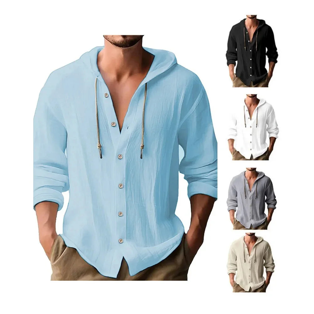 Men's Cotton Shirts Long Sleeve Hooded Cardigan T-shirt Men's Blouse Summer Autumn Sweatshirts Hawaiian Beach Shirts