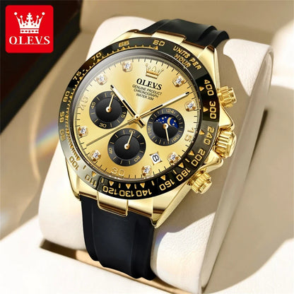 OLEVS Brand Watches for Men Chronograph Analog Quartz Watch Moon Phase Silicone Diamond Waterproof Luminous Quartz Wrist Watches