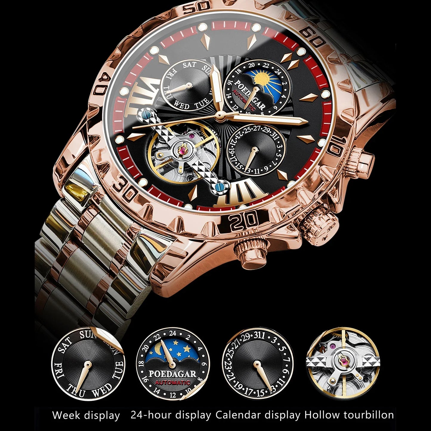 POEDAGAR Luxury Automatic Mechanical Wristwatch Tourbillon Waterproof Luminous Men Watch Date Week Stainless Steel Men's Watches